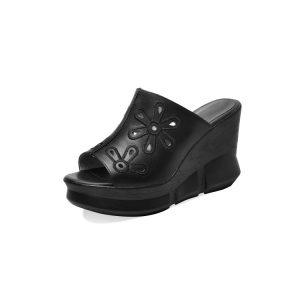 Women's High Heel Wedge Slippers in Beige or Black - Style c.html
