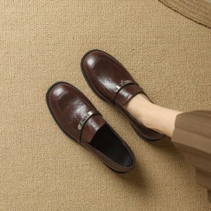 Deep Mouth Flat Shoes for Women - Brown Black Commuter Slip-On