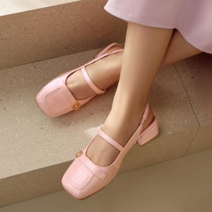 Deep Mouth Flat Shoes for Women - PU Upper, Rubber Sole, Mid Chunky Heel, Square Toe, Spring Summer 2026