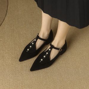 Deep Mouth Flat Shoes with T-Strap and Square Low Heel