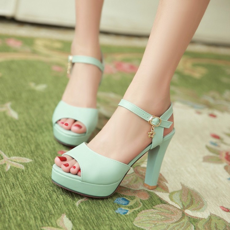 Women's Korean Style Mid Heel Chunky Sandals with Ankle Strap and Belt Buckle - Image 2