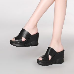 Women's Low Wedge Slippers in Top Grain Leather