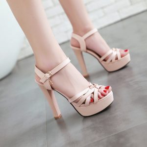 Women's Peep Toe Platform Sandals with Chunky High Heel and Ankle Strap