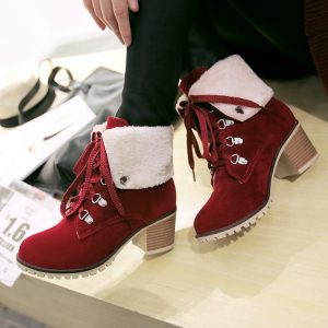 Women's Round Toe Lace-Up Mid-Calf Knight Boots with Metal Studs and Faux Fur Lining