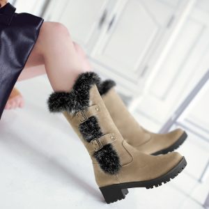 Women's Winter Mid-Calf Fashion Boots with Low Chunky Heel and Color Block Design